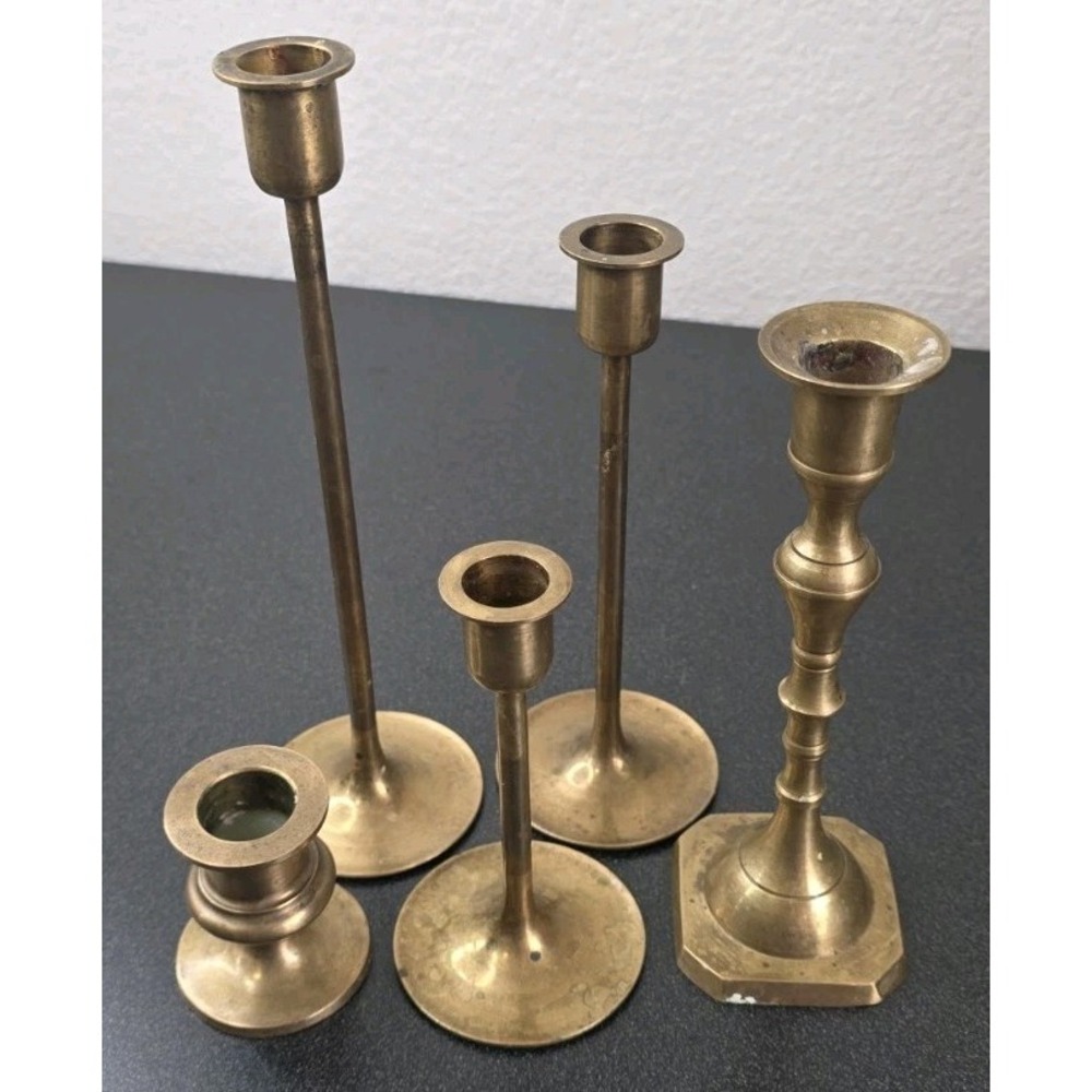 5pc Brass Candle Sticks Holders Vintage Wedding Decor Victorian Medieval
